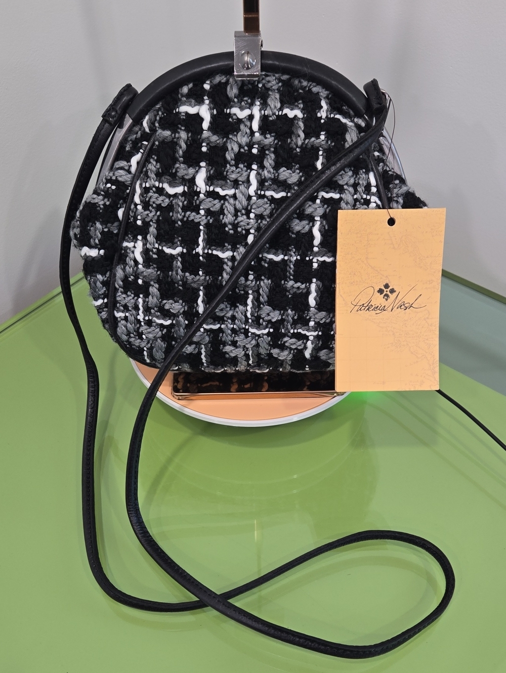 Patricia Nash Black and White Tweed and Leather Round Crossbody Bag With Dustbag